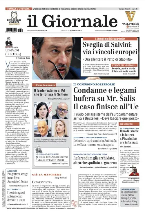 La prima pagina del Giornale: Il caso di “mister Salis” finisce all’Ue, Santo Sepolcro: Pizzaballa era informato, la sveglia di Salvini all’Ue