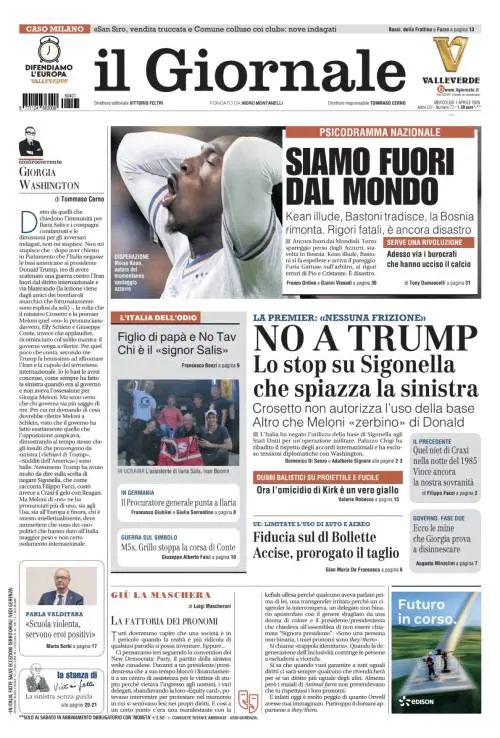 La prima pagina del Giornale: Psicodramma nazionale: Italia fuori dal mondiale, stop a Sigonella, Fiducia sul dl Bollette