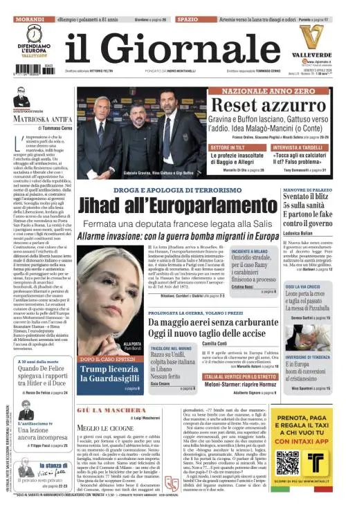 La prima pagina del Giornale: Jihad all’Europarlamento, da maggio aerei senza carburante, nazionale anno zero