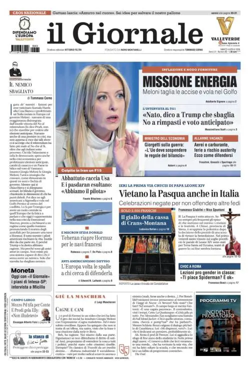 La prima pagina del Giornale: Missione energia nel Golfo per Meloni, l’appello di Giorgetti all’Ue, abbattuto un caccia Usa in Iran