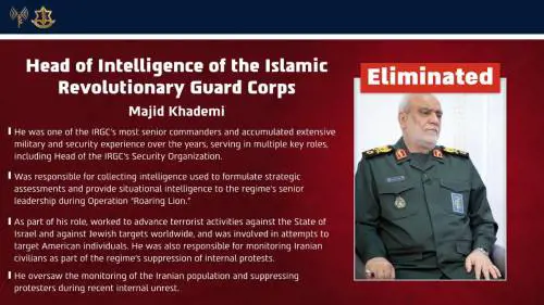 Chi era Khademi, capo dell’intelligence dei pasdaran ucciso in un raid di Usa e Israele