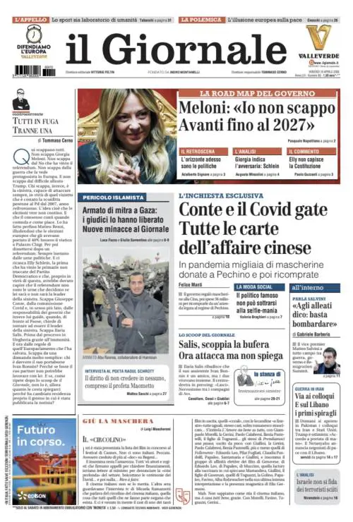 La prima pagina del Giornale: Conte e il Covid gate, Meloni in Aula, bufera su Salis