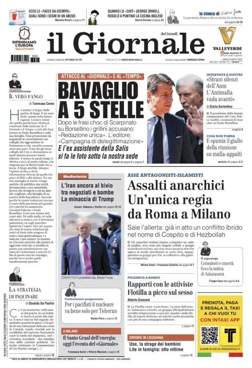 La prima pagina del Giornale: Bavaglio a 5 stelle, asse antagonisti-islamici, sesso e Flotilla