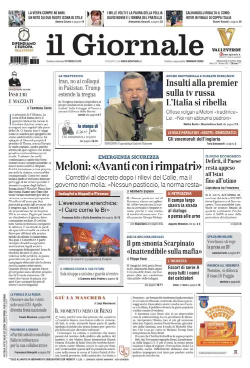 La prima pagina del Giornale: Insulti a Meloni sulla tv russa, i rimpatri non si fermano, il pm smonta Scarpinato