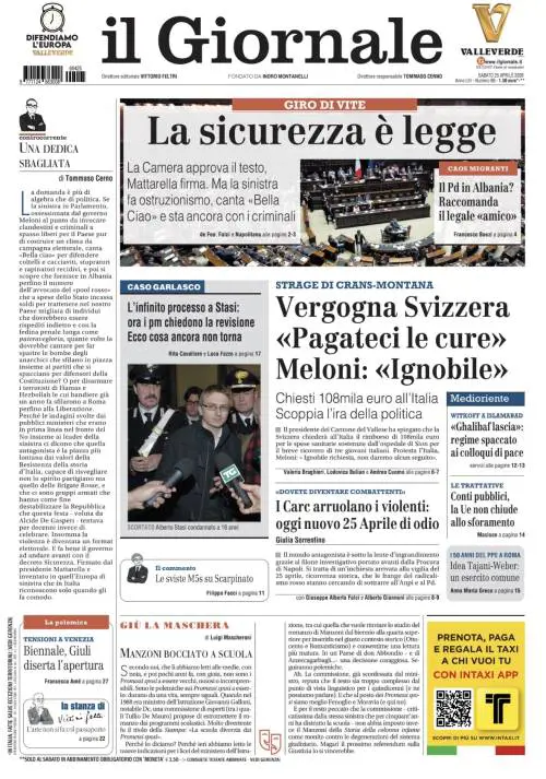 La prima pagina del Giornale: la sicurezza è legge, la Svizzera chiede il saldo delle cure, I Carc arruolano i violenti