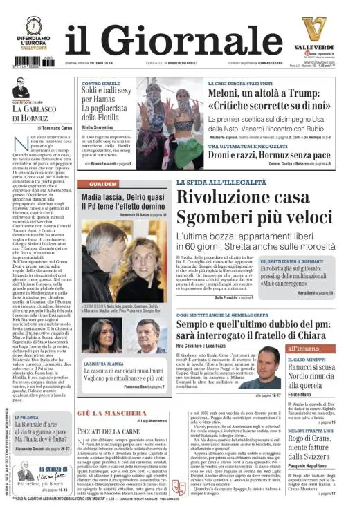 La prima pagina del Giornale: Rivoluzione casa: sgomberi più veloci, l’altolà sui Meloni a Trump, nuovi interrogatori per Garlasco
