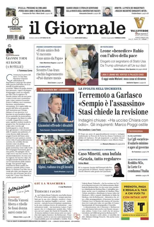 La prima pagina del Giornale: La visita di Vance a Roma, terremoto a Garlasco, caso Minetti una bufala