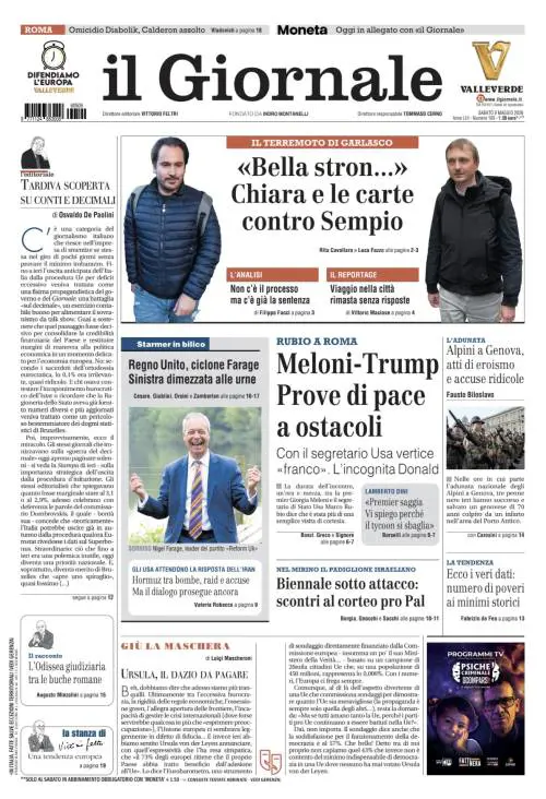 La prima pagina del Giornale: Terremoto di Garlasco, Rubio a Roma, Biennale sotto attacco 