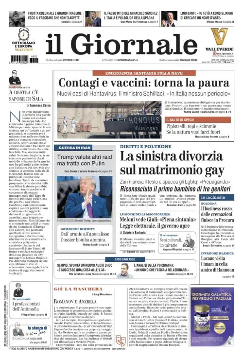 La prima pagina del Giornale: Nuovi casi di hantavirus, Zan spacca la comunità lgbt, Meloni vede Giuli 