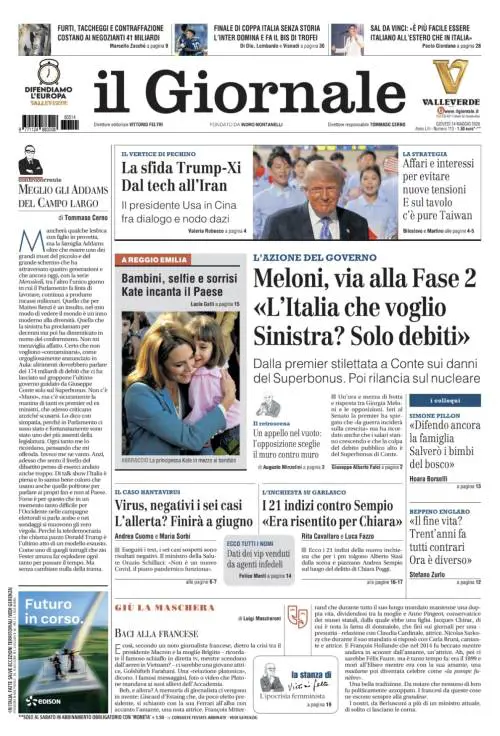 La prima pagina del Giornale: Meloni, via la Fase 2, Kate incanta il Paese, la sfida di Trump-Xi 
