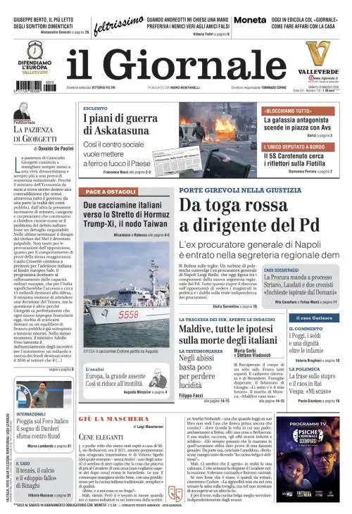 La prima pagina del Giornale: Da toga rossa a dirigente del Pd, cacciamine italiane verso Hormuz, Darderi fuori dagli internazionali