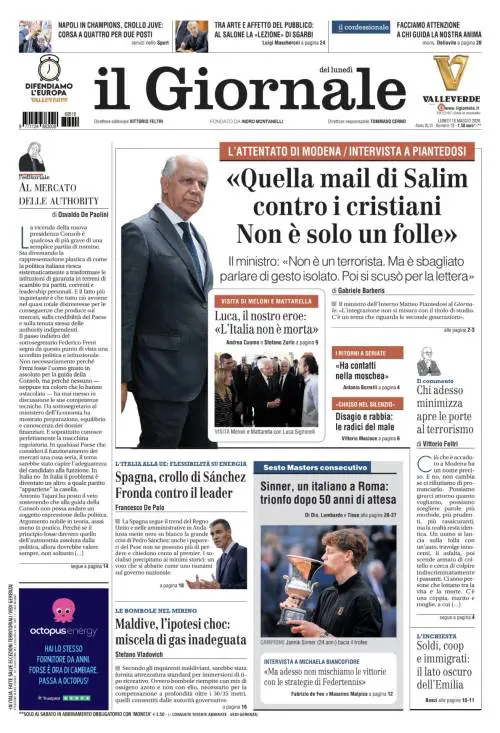 La prima pagina del Giornale: Modena, l’intervista a Piantedosi, in Spagna il crollo di Sanchez, a Roma il trionfo di Sinner