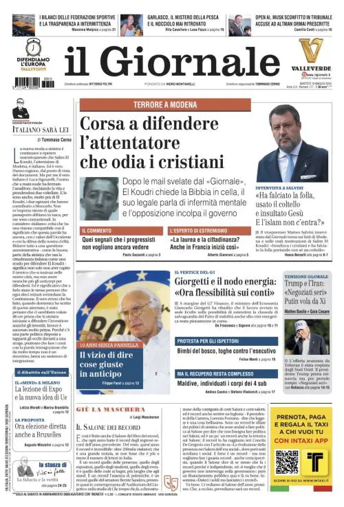 La prima pagina del Giornale: Corsa per difendere l’attentatore di Modena, 10 anni senza Pannella, individuati i corpi dei sub dispersi 