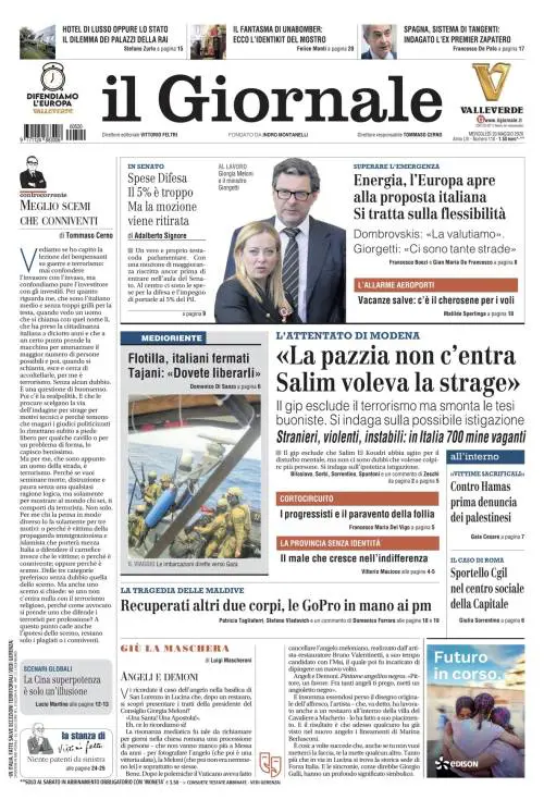 La prima pagina del Giornale: Modena, “Salim voleva la strage”, sportello Cgil nel centro sociale, recuperati due corpi alle Maldive