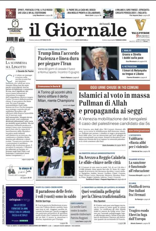La prima pagina del Giornale: Al voto 743 Comuni, slitta la firma sull’intesa USA-Iran, scontri prima del derby di Torino