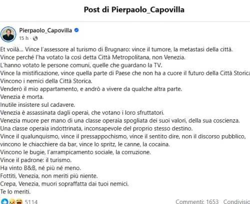 “A Venezia ha vinto il tumore, la metastasi della città”. L’insulto gratuito dell’artista ai veneziani 