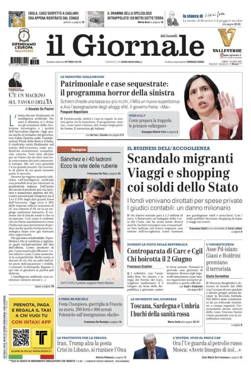 La prima pagina del Giornale: La patrimoniale tra le manovre giallorosse, il business milionario dell’accoglienza, chi boicotta il 2 giugno