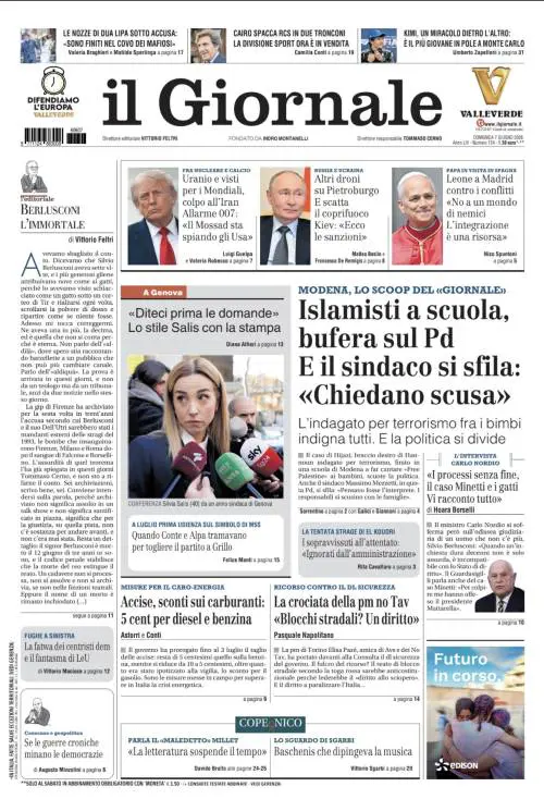 La prima pagina del Giornale: Islamisti a scuola: bufera sul Pd, proroga degli sconti sulle accise, stile Salis con La Stampa