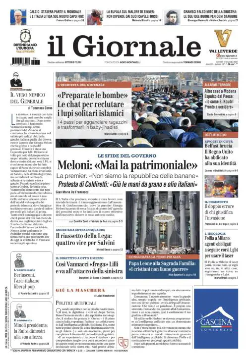 La prima pagina del Giornale: Meloni esclude la patrimoniale, ancora allarme terrorismo in Italia, Vannacci “frega” Lilli