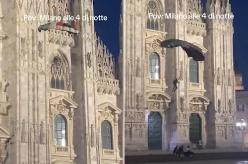 Si lancia col paracadute dal Duomo di Milano esibendo i colori della Palestina: bloccato dalla polizia