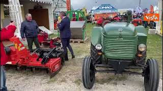 Zaia a bordo di un trattore d'epoca a una fiera agricola in provincia di Treviso