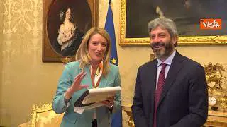Fico riceve a Montecitorio la presidente del Parlamento Ue Metsola, le immagini