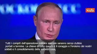 SOTTOTITOLI Putin: "I nostri compiti in Donbass saranno portati a termine", l'applauso della sala