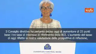 Lagarde (Bce): Inflazione ancora troppo alta, rialzo tassi dello 0,25%