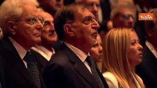 Meloni, La Russa, Tajani e Bonomi cantano l'Inno di Mameli all'assemblea di Confindustria