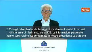 Lagarde (Bce): Tassi di interesse restano invariati