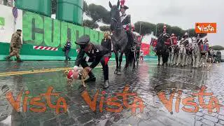 Meloni si ferma per una foto con la mascotte Briciola e i Carabinieri a cavallo