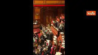 Premierato, la protesta con i cartelli con la bandiera italiana al Senato