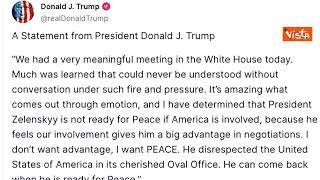 Trump su Truth: "Zelensky torni quando è pronto per la pace"
