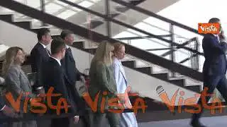 La premier Meloni lascia il Congresso della Cisl al Palazzo dei Congressi