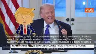Trump con spilletta di sé stesso cartoon: Si chiama “Happy Trump”, ma io non sono mai contento