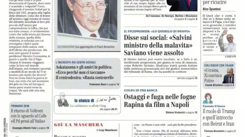 La prima pagina del Giornale: Trump “Teheran rinuncia al nucleare”, Saviano assolto su Salvini, rapina da film a Napoli