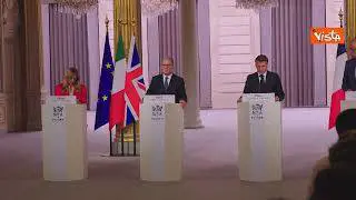 Meloni alla conferenza stampa congiunta con Marcon, Merz e Starmer al vertice su Hormuz a Parigi
