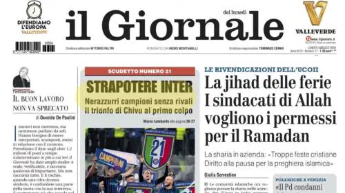 La prima pagina del Giornale: La jihad delle ferie, Inter Campione d’Italia, Rubio arriva in Italia