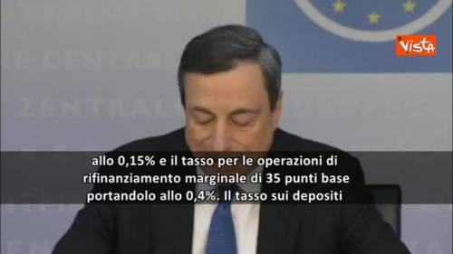 Bce, Draghi: "Tassi tagliati allo 0,15%"
