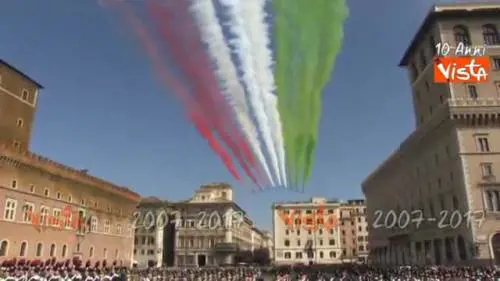 2 giugno, il passaggio delle Frecce Tricolore sull'altare della Patria