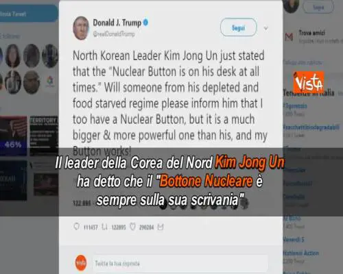 Nucleare, Trump risponde a Kim Jong Un il mio bottone e' piu' grande del tuo
