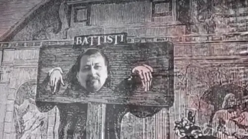 Roma, manifesto raffigura Battisti alla gogna: Salvini e Bonafede in prima fila