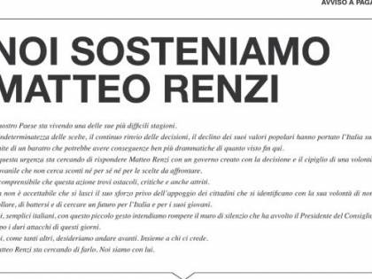 Pagina a pagamento sul Corriere della Sera: "Noi sosteniamo Renzi"