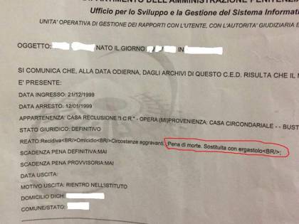 Pena di morte, per il sistema informatico del Ministero esiste ancora
