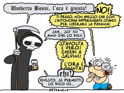 Vignetta choc del Fatto, Morte va a prendere Bossi: "È giunta l’ora"