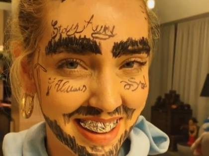 Chiara Ferragni con la barba: serata tra scherzi e pennarelli