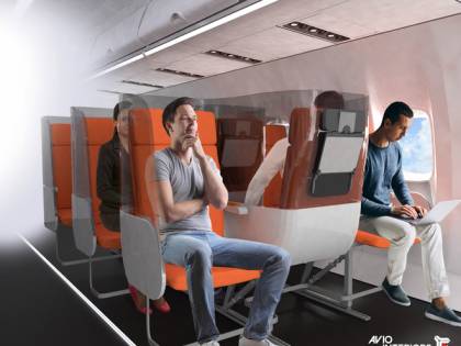In aereo con poltrone invertite e schermature: ecco come cambia volare