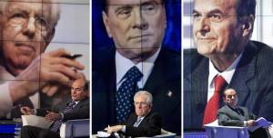 Pierluigi Bersani, Mario Monti e Silvio Berlusconi in tre immagini riprese nello studio Rai di Porta a Porta