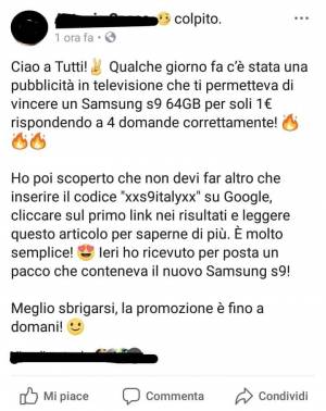 "Scrivi xregalos9x, Samsung gratis". Attenzione alla bufala su Facebook