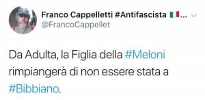 Tweet choc: "Da adulta, la figlia della Meloni rimpiangerà di non essere stata a Bibbiano"